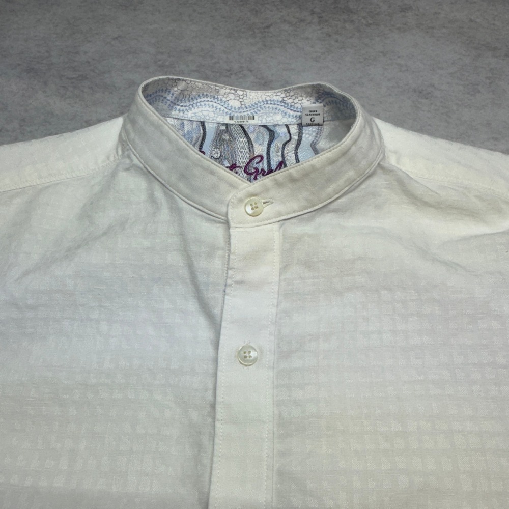 Robert Graham Mens L White Linen Blend Mandarin Collar Long Sleeve Shirt Classic - Picture 3 of 9